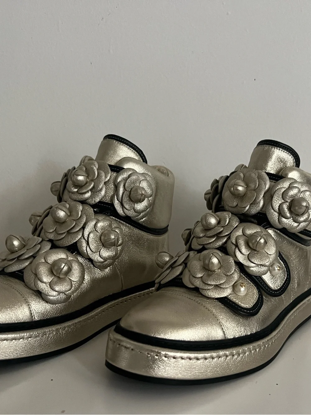 CHANEL Metallic Silver Floral Appliqué Sneakers